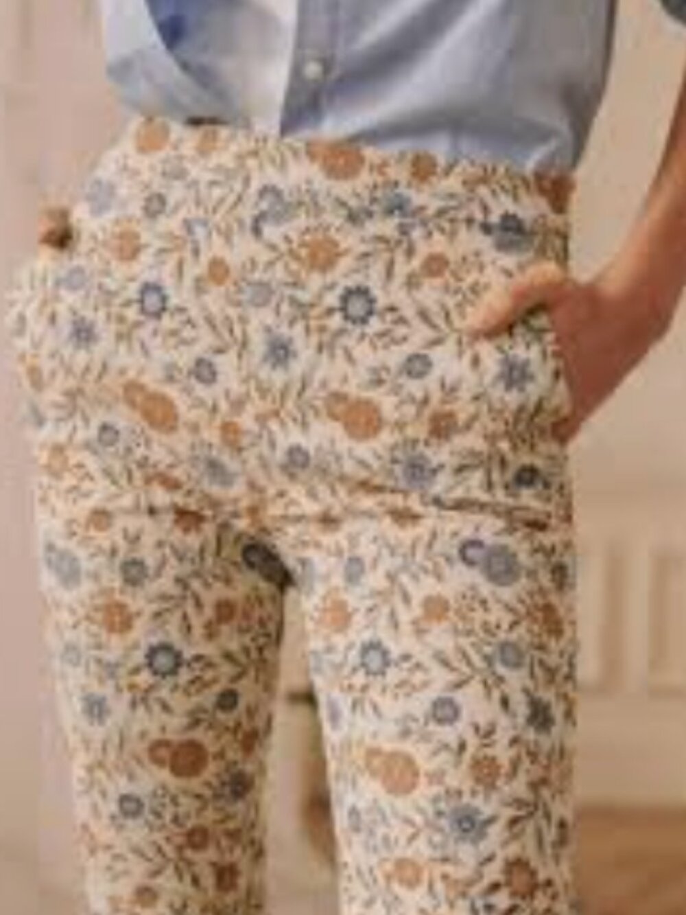 Sezane Cream Floral Cropped Pants with Blue & Brown Accents